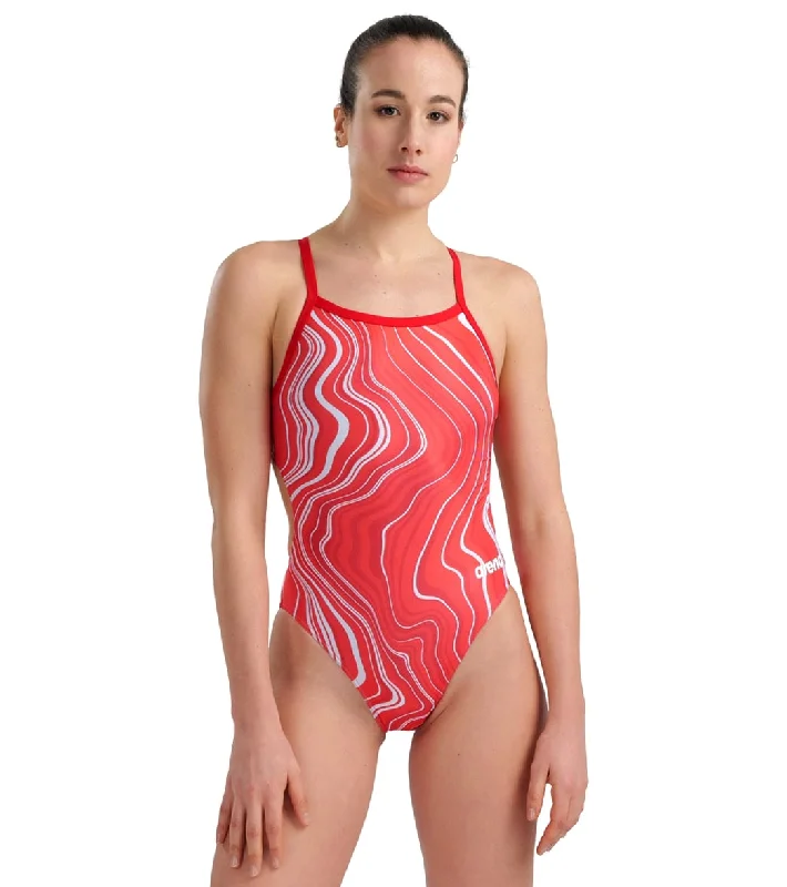 Arena Women's Marbled Challenge Back One Piece Swimsuit Red/Red Multi Plunge Back Swimsuit