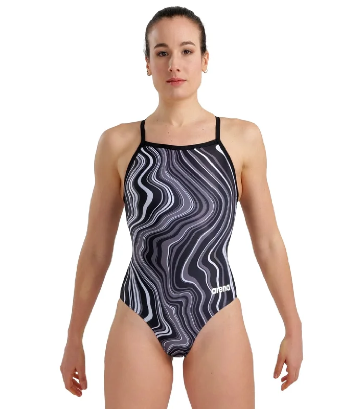 Arena Women's Marbled Light Drop Back One Piece Swimsuit Black/Black Multi Push-Up Swimsuit Top