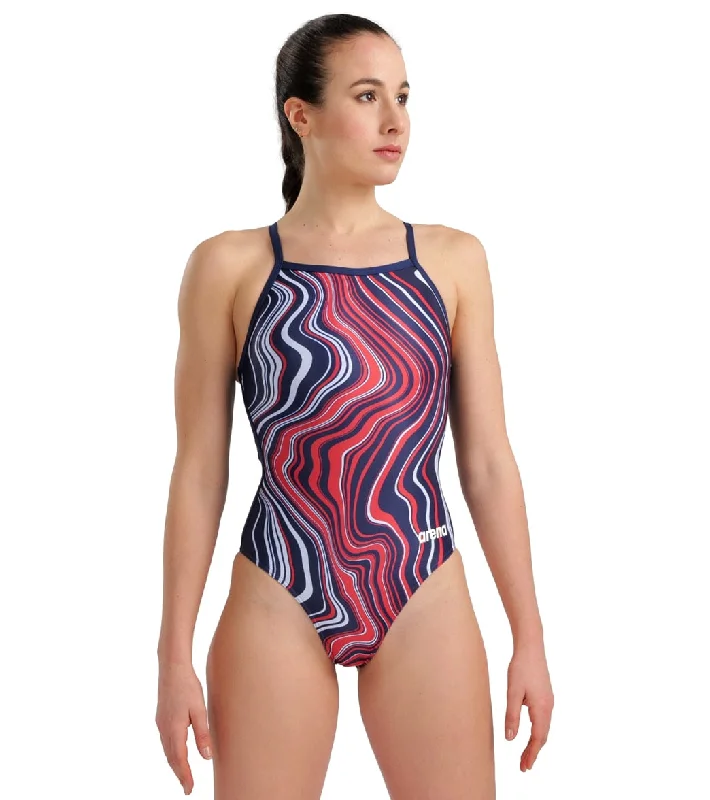 Arena Women's Marbled Light Drop Back One Piece Swimsuit Navy/Red Multi Ruched Swimwear Set