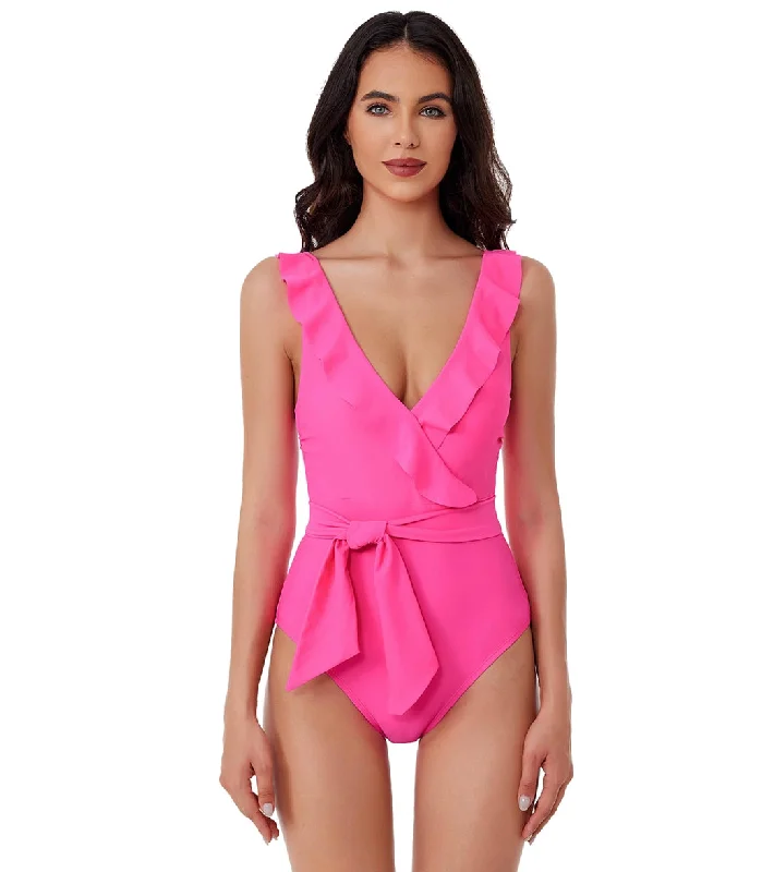 BCA by Rebecca Virtue Women's Ruffle Romance Neck One Piece Swimsuit Hot Pink Tie-Back Swimwear