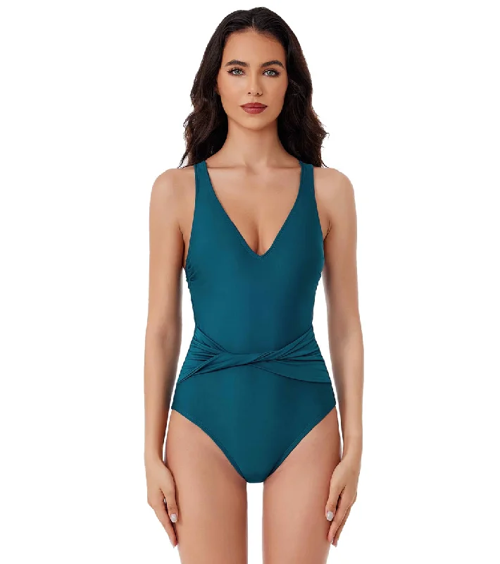 BCA by Rebecca Virtue Women's Twist Waist Belt One Piece Swimsuit Lagoon Strap Bikini Set