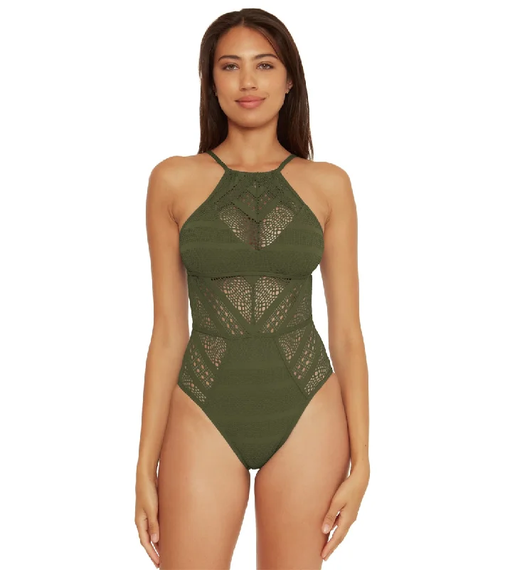 Becca Swim Women's Color Play High Neck One Piece Swimsuit Cactus Swimsuit with Skirt