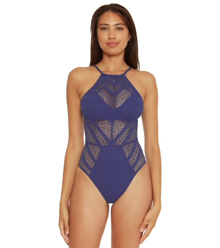 Becca Swim Women's Color Play High Neck One Piece Swimsuit Deep Water Summer Ready Swimsuit