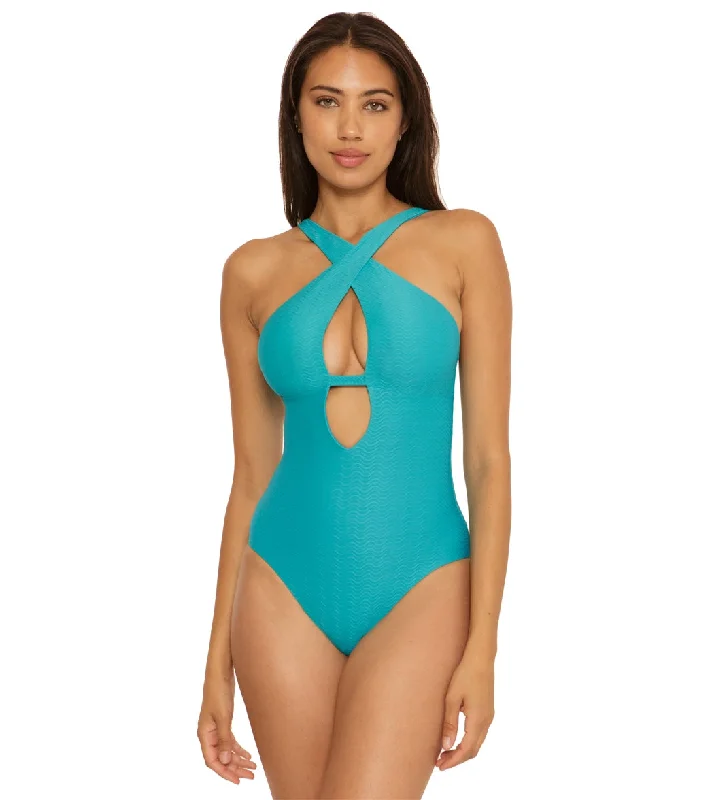 Becca Swim Women's Vibes Tessa Cross Over One Piece Swimsuit Gulf Fun Pattern Swimsuit