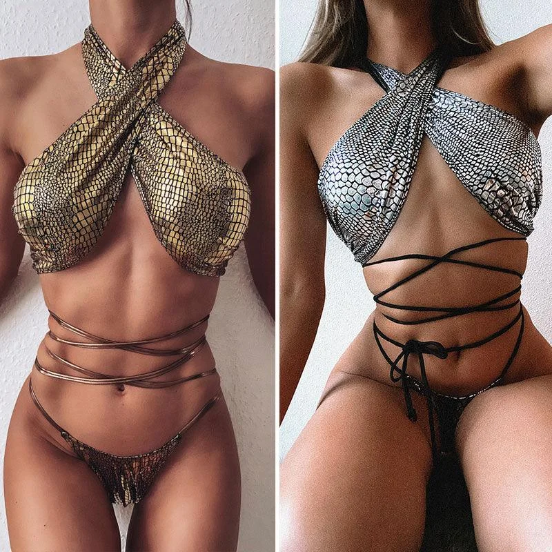 Bikini sexy bikini hot style snake print fabric strappy swimsuit Retro-Inspired Bikini Set