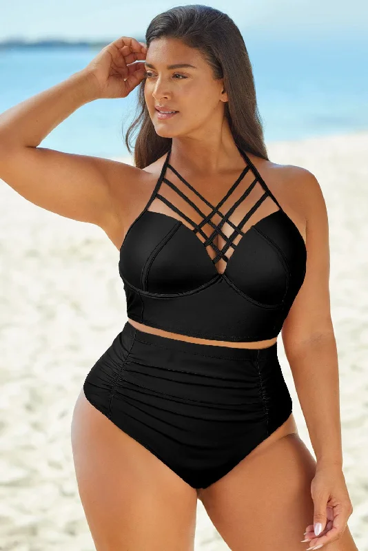 Halter Neck Crisscross Ruched Two-Piece Swimsuit Chic Bikini Set