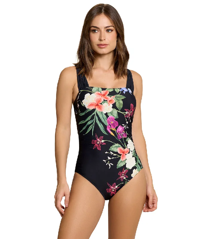 Jantzen Women's Floral Fantasy Hilda Glam One Piece Swimsuit Black Sporty Swimwear Bottoms