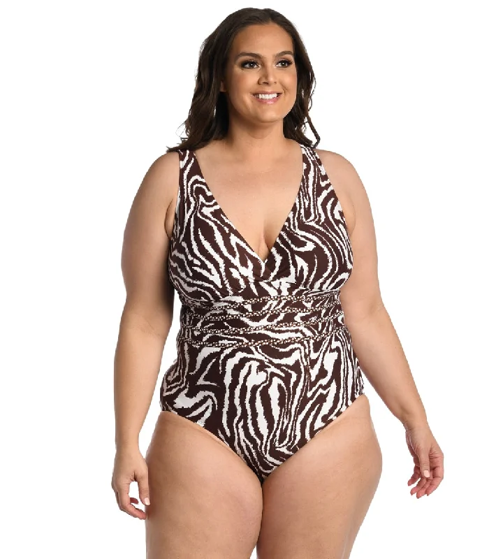 La Blanca Women's Plus Fierce Lines Cross Back One Piece Swimsuit Java Vintage Swimwear Look