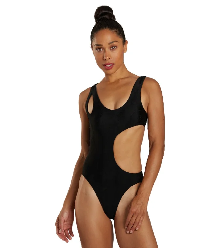 Nike Women's Block Texture Cut-Out One Piece Swimsuit Black Color-Block Bikini