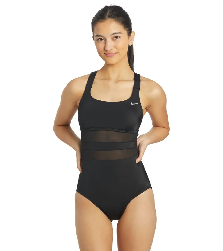 Nike Women's V Back One Piece Swimsuit Black Vibrant Bikini Design