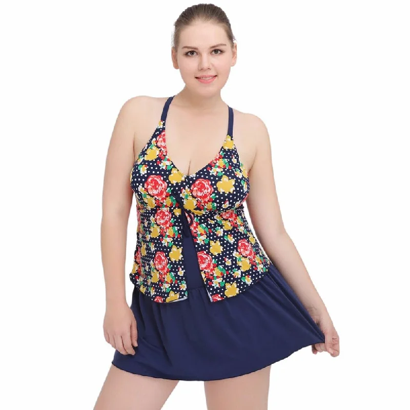 One Piece Plus Size Swimwear Floral Print Swimdress Ruffled Swimsuit Top