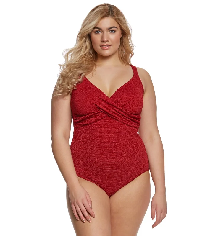 Penbrooke Krinkle Plus Size Chlorine Resistant One Piece Cross Over Swimsuit Brick High-Waisted Swimwear