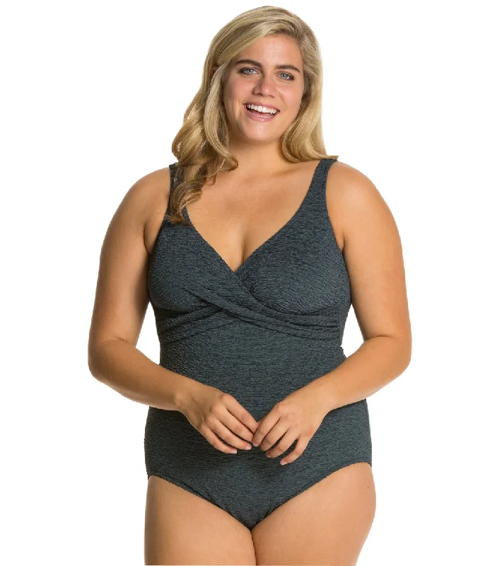 Penbrooke Krinkle Plus Size Chlorine Resistant One Piece Cross Over Swimsuit Graphite Classic One-Piece