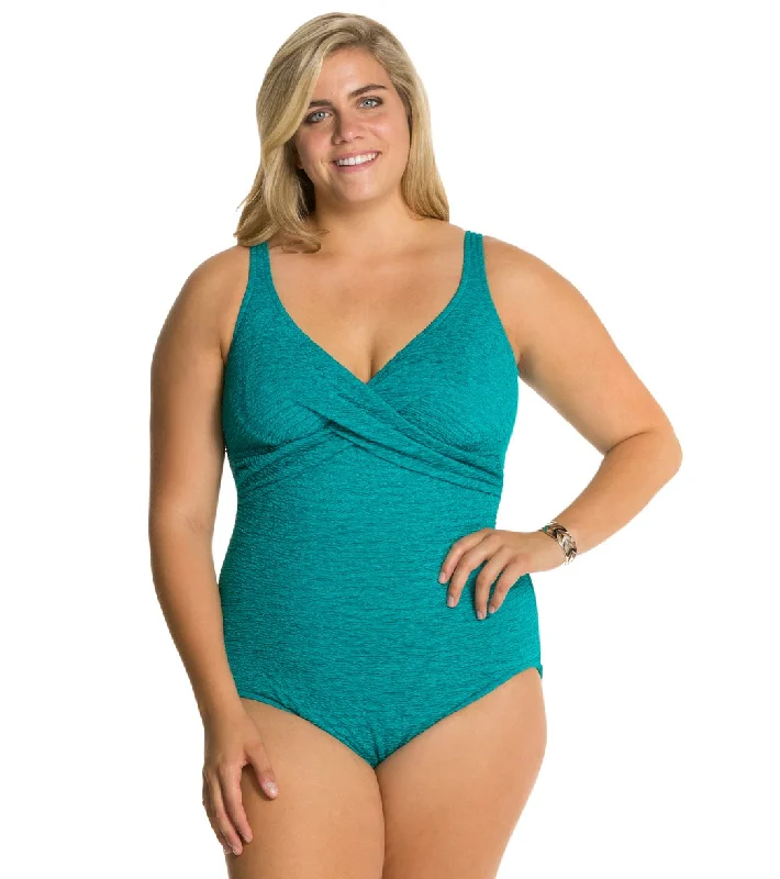 Penbrooke Krinkle Plus Size Chlorine Resistant One Piece Cross Over Swimsuit Jade Retro-Inspired Bikini Set