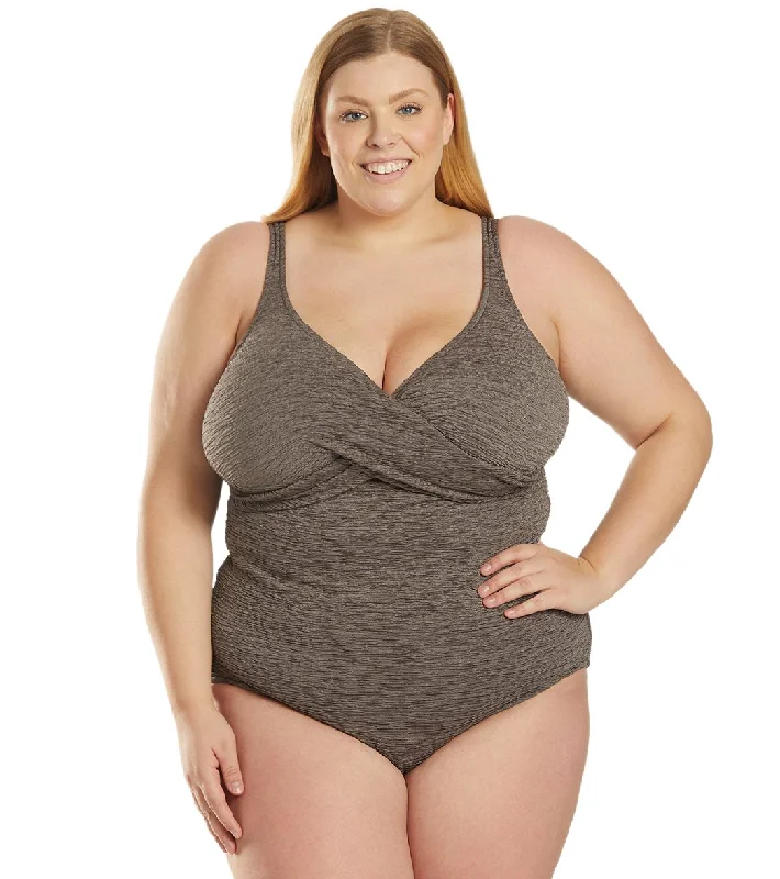 Penbrooke Krinkle Plus Size Chlorine Resistant One Piece Cross Over Swimsuit Mineral Beige Mesh Detail Bikini