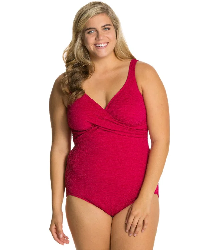 Penbrooke Krinkle Plus Size Chlorine Resistant One Piece Cross Over Swimsuit Poppy Red Monokini Swimsuit Design