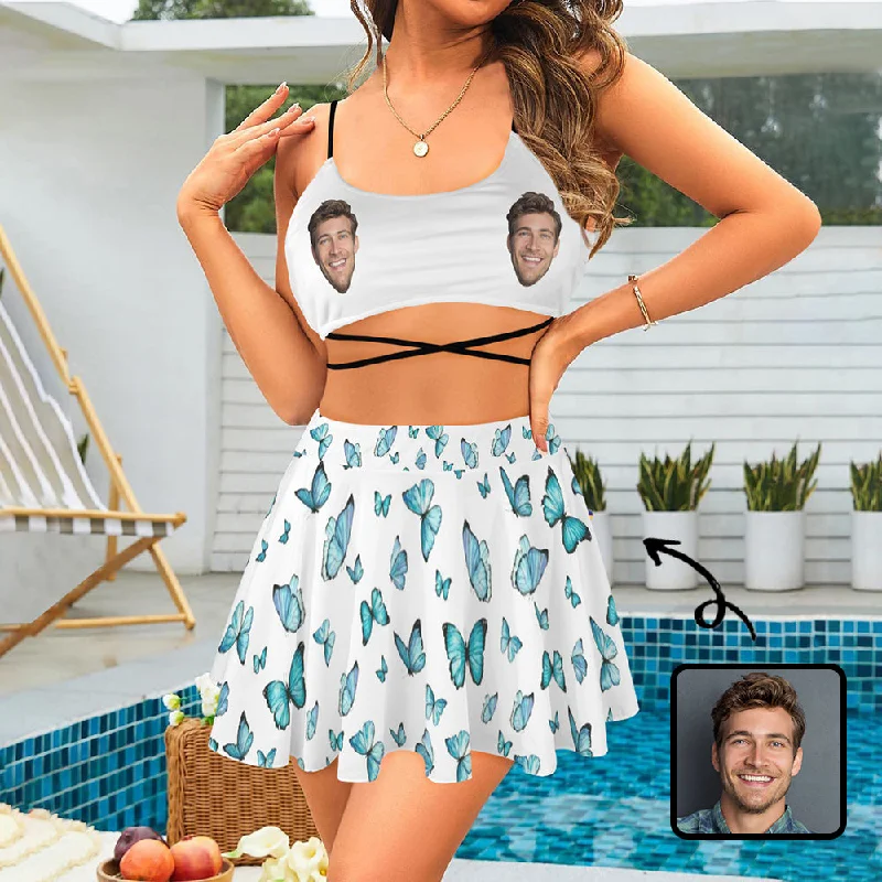 Personalized Face Swimsuit Custom Face Butterfly White Background Women's String Three-Piece Bikini Swimsuit Skirt Vibrant Bikini Bottoms