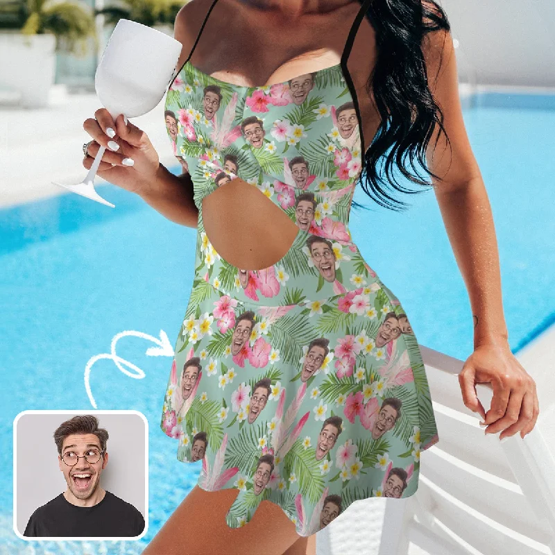 Personalized Face Swimsuit Dress Custom Face Green Leaves&Pink Flower Women's Cutout Cross Back Swimming Dress Elegant Swim Dress