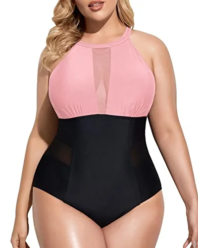 Plus Size Mesh Plunge Swimsuit Tummy Control-Pink And Black Swim Dress with Belt