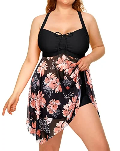 Criss-Cross Back Mesh Two Piece Swim Dress For Women-Black Floral Elegant Swim Dress