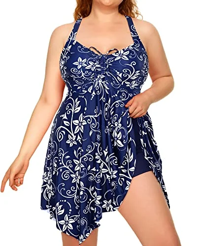 Ruffled Irregular Hem Plus Size Two Piece Swimdress-Blue Flower Quick-Dry Tankini