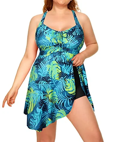 Sexy Cross-Back Tummy Control Plus Size Two Piece Swimdress-Blue Leaf Monokini Swimsuit Design