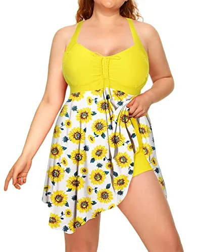 Adjustable Drawstring Tankini Plus Size Two Piece Swimdress-Yellow Floral Strappy Back Bikini