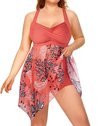 Plus Size Two Piece Mesh Swim Dress Boyshorts For Women-Pink Flower Comfortable Swim Shorts