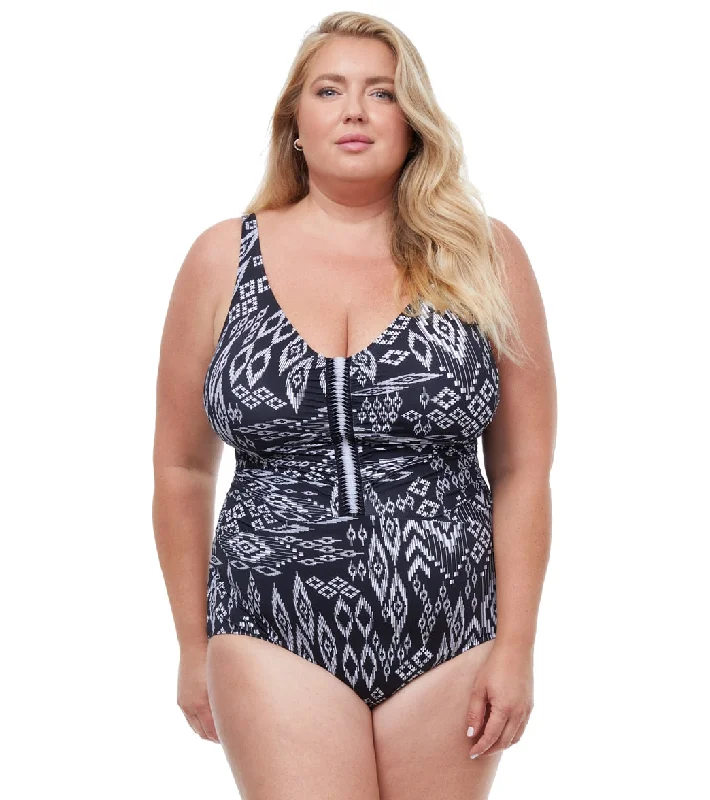 Profile by Gottex Women's Plus Size Pervian Nights V Neck One Piece Swimsuit BLK/WHT Elegant Halter Bikini