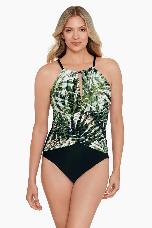 Draped High Neck Mio One Piece Swimsuit Wild Leaf High-Waisted Swim Bottoms