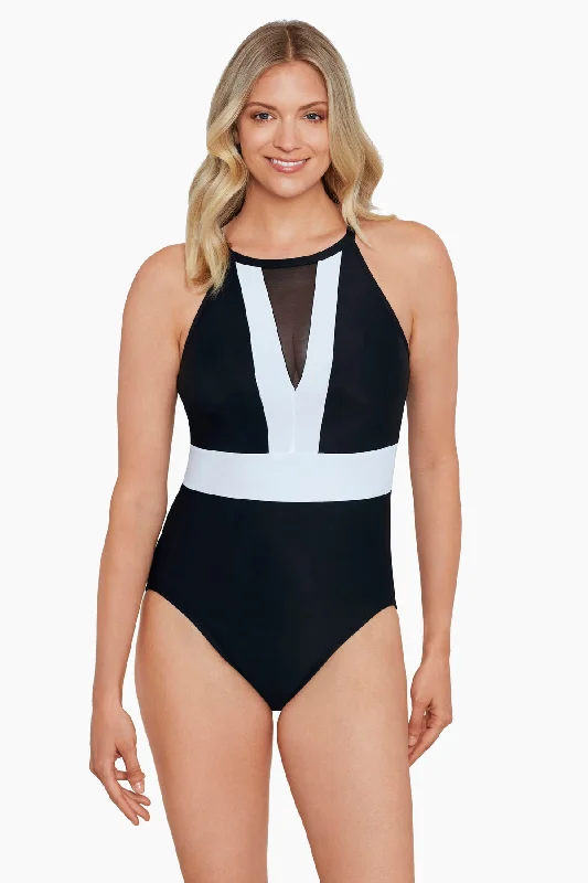 High Neck Mesh Insert Mio One Piece Swimsuit Meshed Up Sexy Two-Piece Set