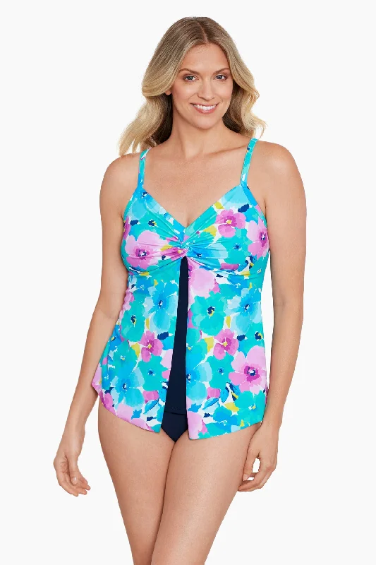 Knotted Flyaway Tankini Top Hidden Garden Strappy Back Bikini