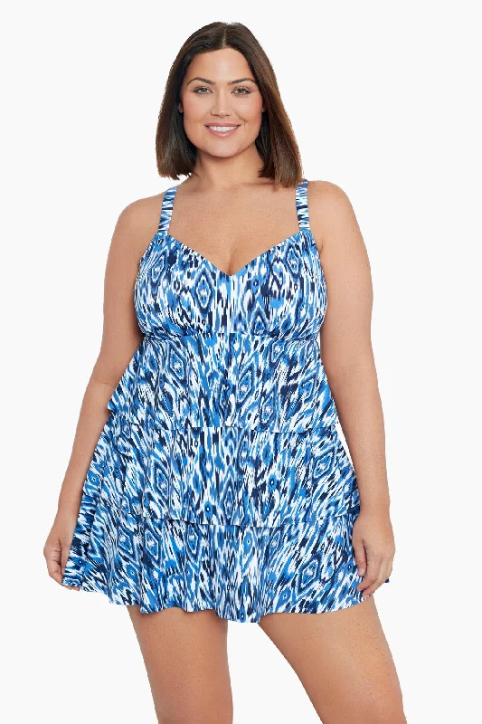 Plus Size Triple Tier Swim Dress Ikats Meow Classic Monokini Design