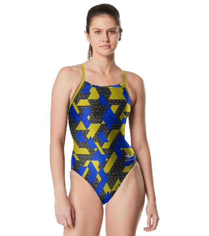 Speedo Women's Ruse Blocks Flyback One Piece Swimsuit Navy/Gold Sporty Racerback Swimsuit