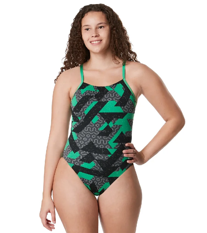 Speedo Women's Ruse Blocks Flyback One Piece Swimsuit Speedo Green Tie-Back Swimwear