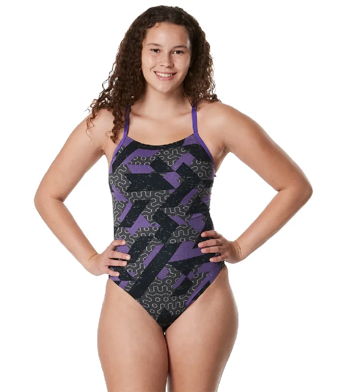 Speedo Women's Ruse Blocks Flyback One Piece Swimsuit Speedo Purple V-Neck Swim Dress