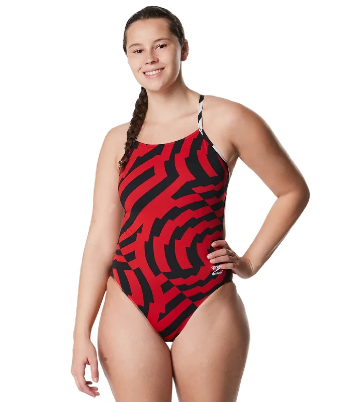 Speedo Women's Vortex Maze One Back One Piece Swimsuit Speedo Red Mesh Panel Swimwear