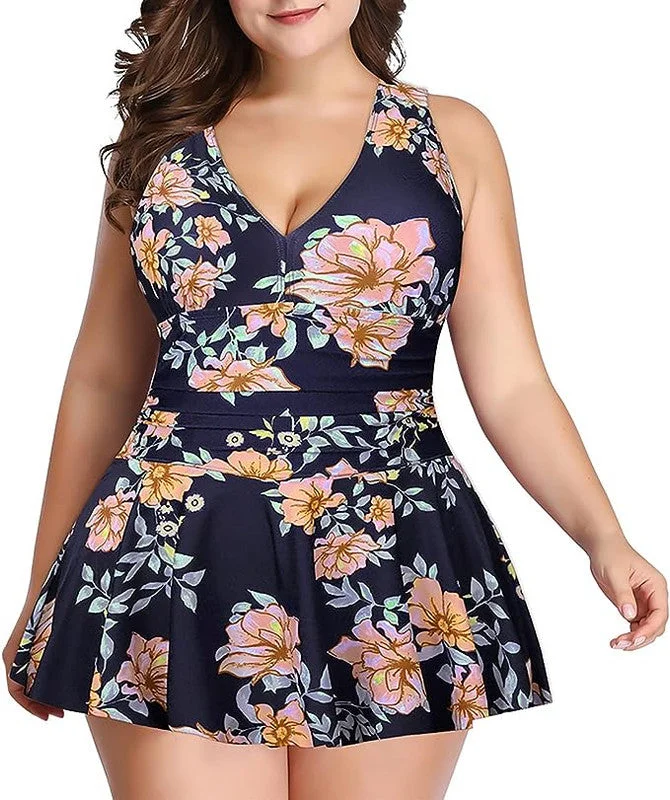 Swimdress Two Piece Retro V-Neck Swimsuit with Ruffles Floral Print Button-Front Swimsuit