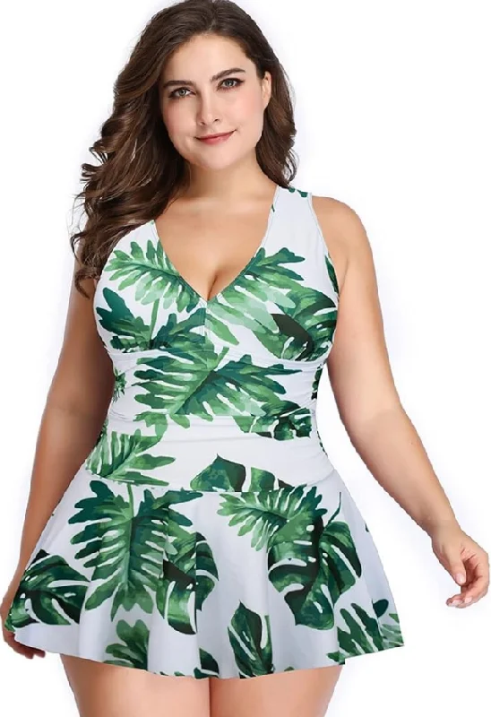 Swimdress Two Piece Retro V-Neck Swimsuit with Ruffles White Leaf Print Ruffled Swimsuit Top