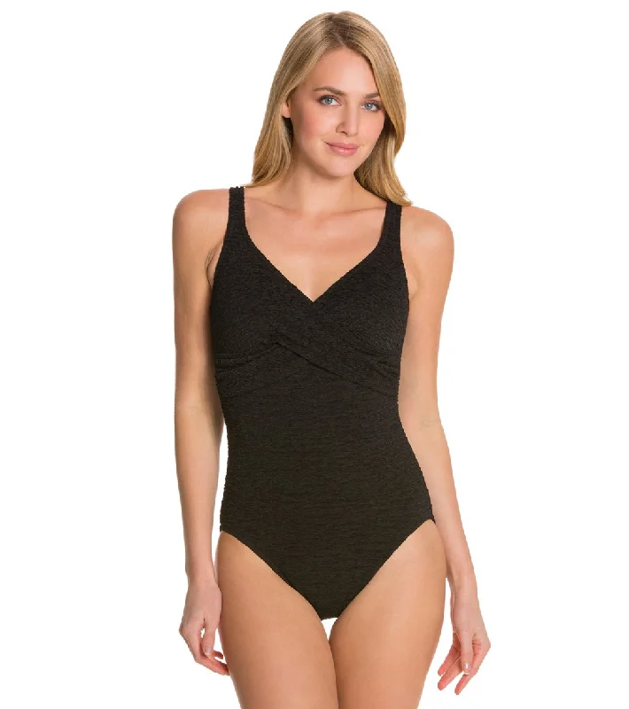 Women's Krinkle By Penbrooke Chlorine Resistant Cross Over One Piece Swimsuit Black Stylish Cover-Up Set