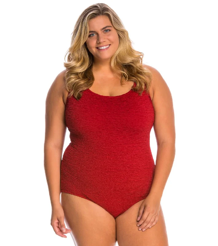 Women's Krinkle By Penbrooke Plus Size Chlorine Resistant One Piece Cross Back Swimsuit Brick Elegant Swim Dress