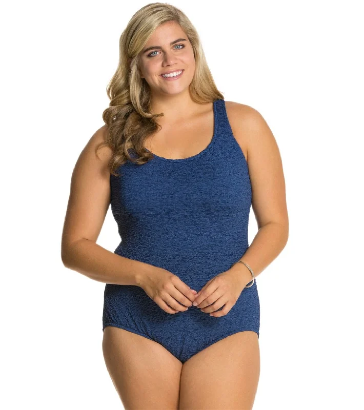 Women's Krinkle By Penbrooke Plus Size Chlorine Resistant One Piece Cross Back Swimsuit Denim Comfortable Tankini Set