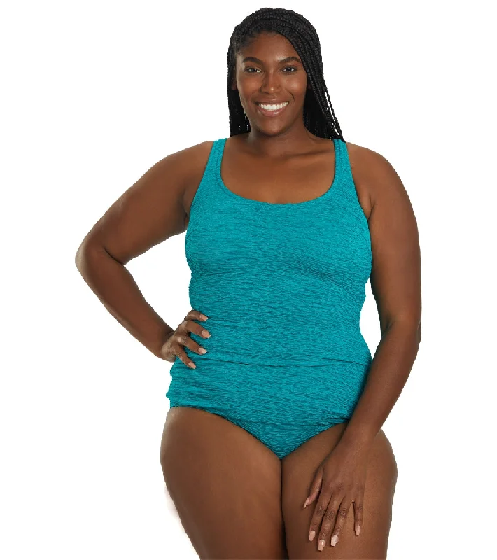 Women's Krinkle By Penbrooke Plus Size Chlorine Resistant One Piece Scoop Neck Sheath Swimsuit Jade Retro-Inspired Bikini Set