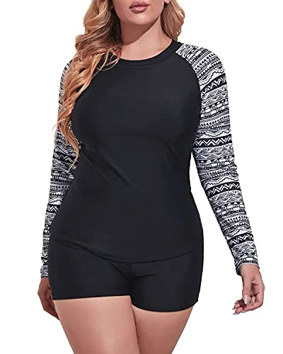 Women's Plus Size 2 Piece Rash Guard Swimsuit Boyleg Bottom-Black And White Snake Print Adjustable Strap Swimsuit