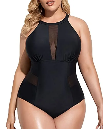 Sleek High-Neck Plus Size Swimwear Tummy Control For Curvy Women-Black Chic Beach Cover-Up