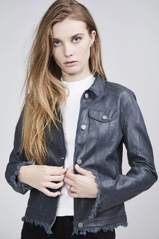 "Alexa" Slate Burnished Leather Jacket Nylon Jacket Polyester Jacket Spandex Jacket