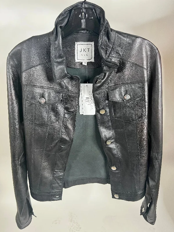 "Alexa" Black Leather Jacket Zip Front Button Front Snap Front