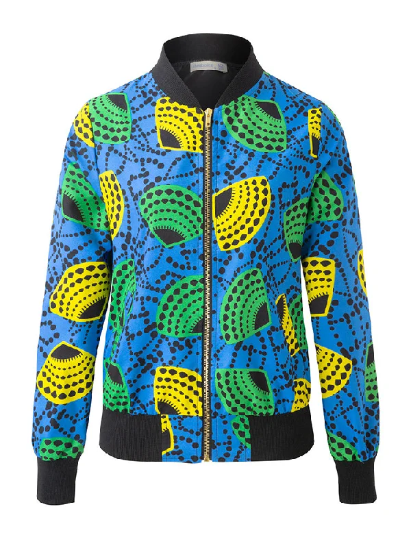 African Ankara Print Blue Jacket For unisex Tiered Jacket Buttoned Jacket Zippered Jacket