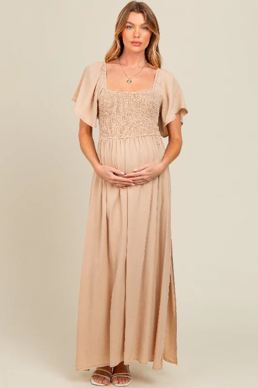 Beige Chambray Smocked Maternity Maxi Dress Comfortable Long-Sleeve Maxi Dress