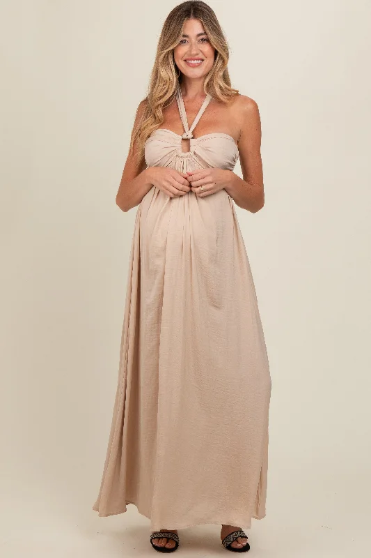 Beige Halter Cutout Maternity Maxi Dress Fashionable Maxi Dress with Fringe